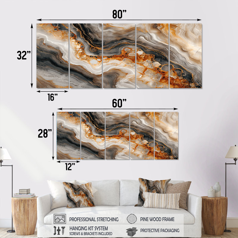 Ensemble de 5 décorations murales en dalle gris gris agate - marbre, H 28 po x l 60 po