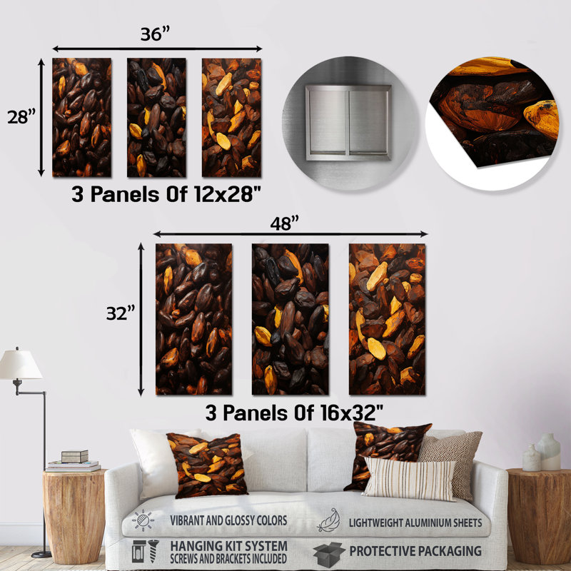 Cacao rôti rêverie - ensemble de 3 reproductions d'art en métal cacao, H 28 po x l 36 po