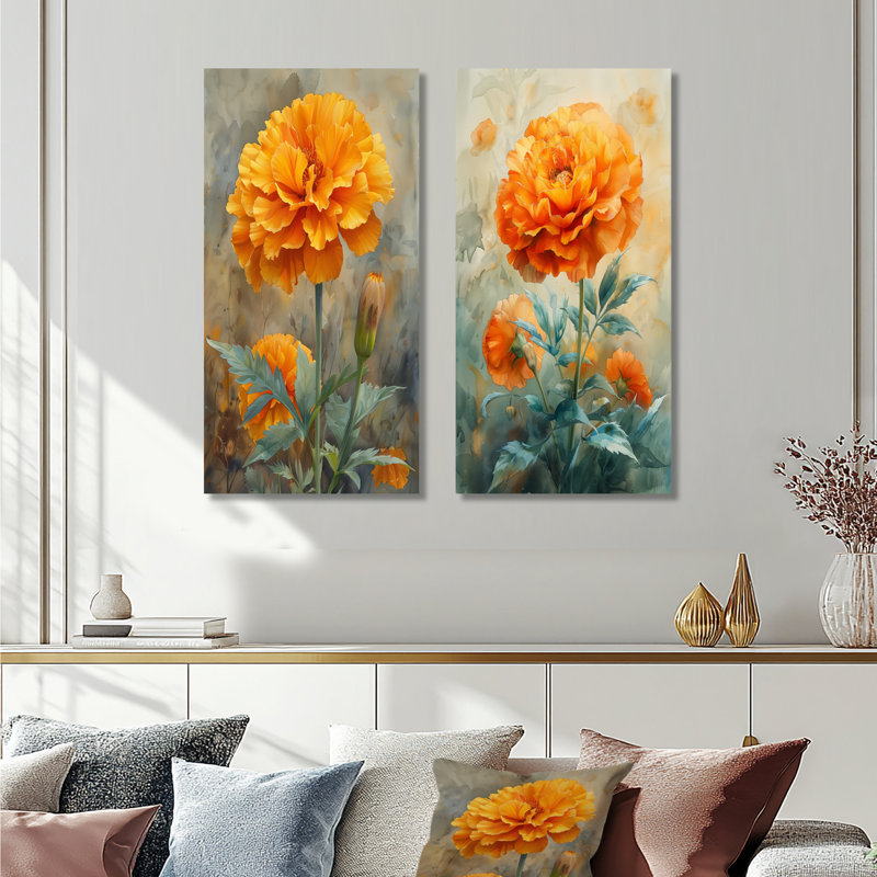Yellow Green Morning Sun Marigold I - Marigold Wall Art 2 Pieces Set, Wrapped Canvas, 28" H x 24" W