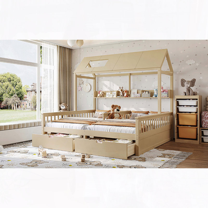 Lit plateforme simple double avec tablettes et tiroirs de rangement - bois massif, aucun sommier nécessaire, Naturel