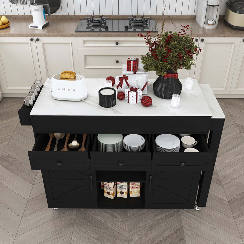 74.8" Kitchen Island With Extendable Dining Table & Power Outlet - Rolling Storage Cart On Wheels With 3 Drawers & 2 Door Cabinet For Dining Room