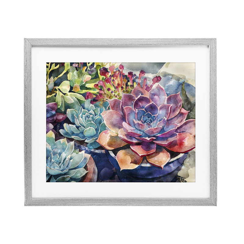 Sun Kissed Succulents Framed Print Under Glass, design by Svetlana Aleynikova, 17" H x 21" W, Farmhouse Grey Frame