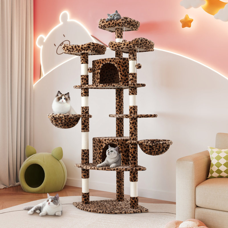 Arbre à chat de 74 po de hauteur, condos et plateformes inclus avec poteaux à griffer et panier, Brun