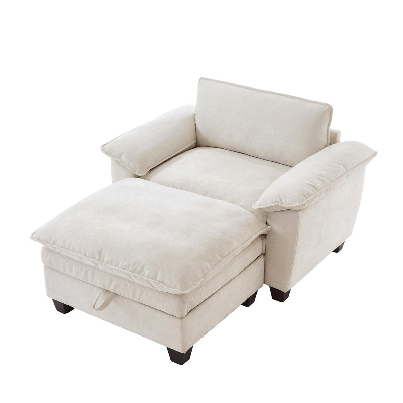 51" Oversize Chaise Lounge Chair With Ottoman And Storage  Upholstered Soft Chenille Beige, Beige