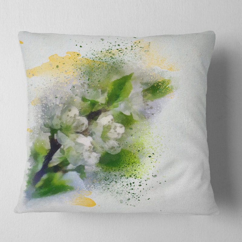 Branche de cerisier avec feuilles et fleurs - coussin à imprimé floral, 16 po x 1 po, Coussin décoratif