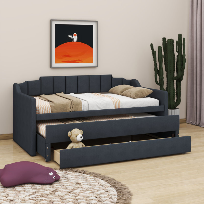 Hedglin Twin Size Upholstered Daybed with Trundle, Gray