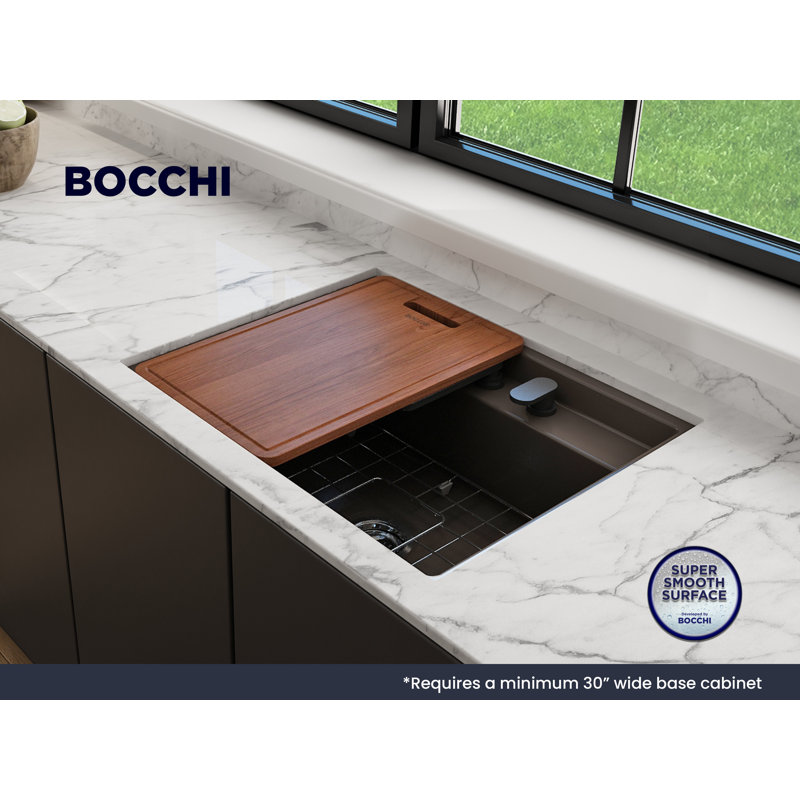 Support double en argile réfractaire 27 po Baveno Uno Évier de cuisine à simple cuve avec accessoires, Brun mat, 2 trous