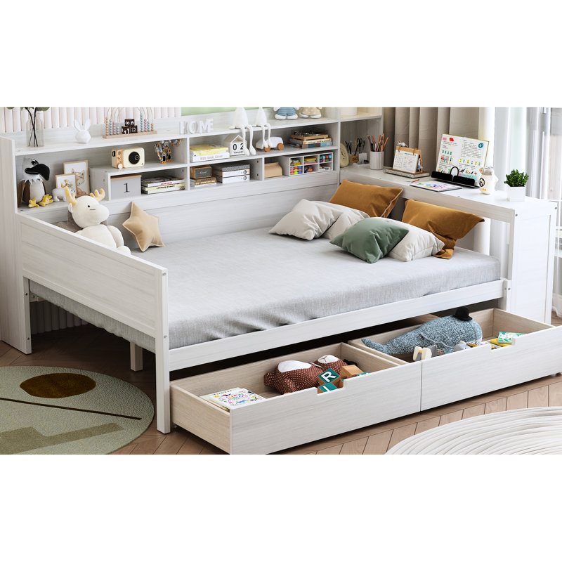 Lit de jour en bois avec options de rangement organisé et bureau productif, blanc antique pleine grandeur, Blanc antique