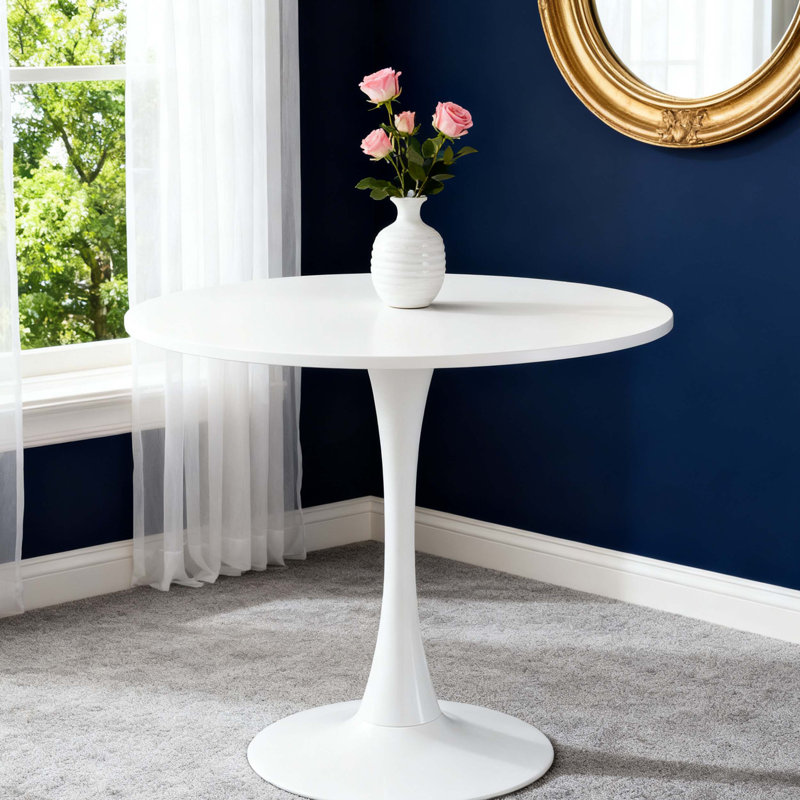 White Round Mid Century Modern Dining Table, MDF Top and Steel Base, Ideal for Compact Spaces and Stylish Living Rooms