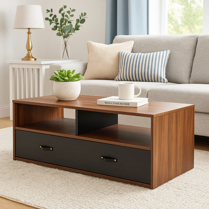 Nigelus Floor Shelf Modern Coffee Table with Storage and Faux Leather Pulls