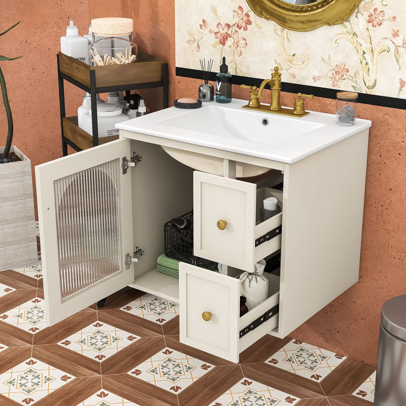 Meuble-lavabo moderne avec lavabo et porte vitrée, Beige