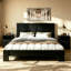 Ensemble de chambre à coucher de style campagne traditionnelle 3 pièces, très grand lit plateforme en bois avec rangement sous le lit et 2 tables de chevet à chargement avec 2 tiroirs