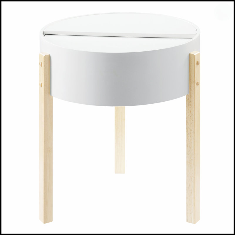 Table de bout blanche et naturelle avec rangement caché, parfaite pour un décor moderne et traditionnel, maximisant l'espace et le style.