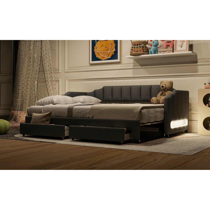 Twin Xl To King Upholstered Daybed With Led And Two Storage Drawers, Gray, Ideal For Changing Spaces Gray Extendable Long - Lasting