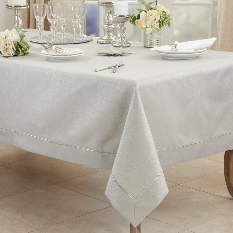 Bourget Collection Shimmering Tablecloth with Piping Detail, 50" W x 70" L, Silver
