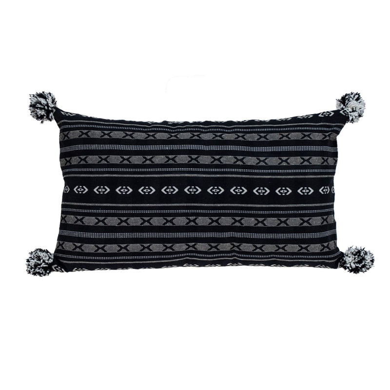 Raven Black and White Cotton Embroidered Throw Pillow