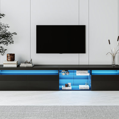 Meuble télé avec 2 tablettes en verre, armoire noire pour téléviseur de 105 po ou moins, lumières à DEL réglables pour un salon à la mode unique