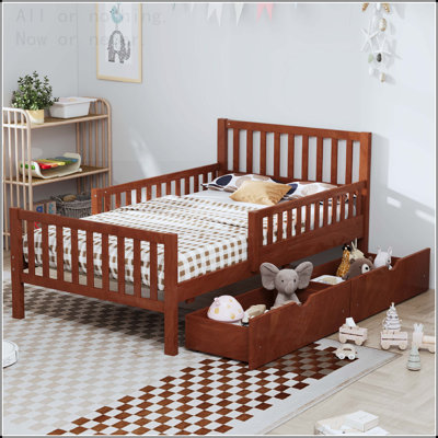 Full Size Wood Platform Bed with Storage Drawers and Safety Guardrails