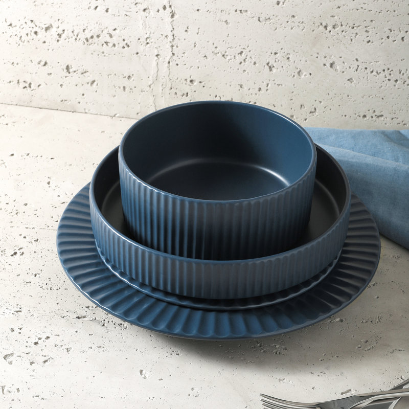 Ash Blue Ceramic 16-Piece Ridged Dinnerware Set