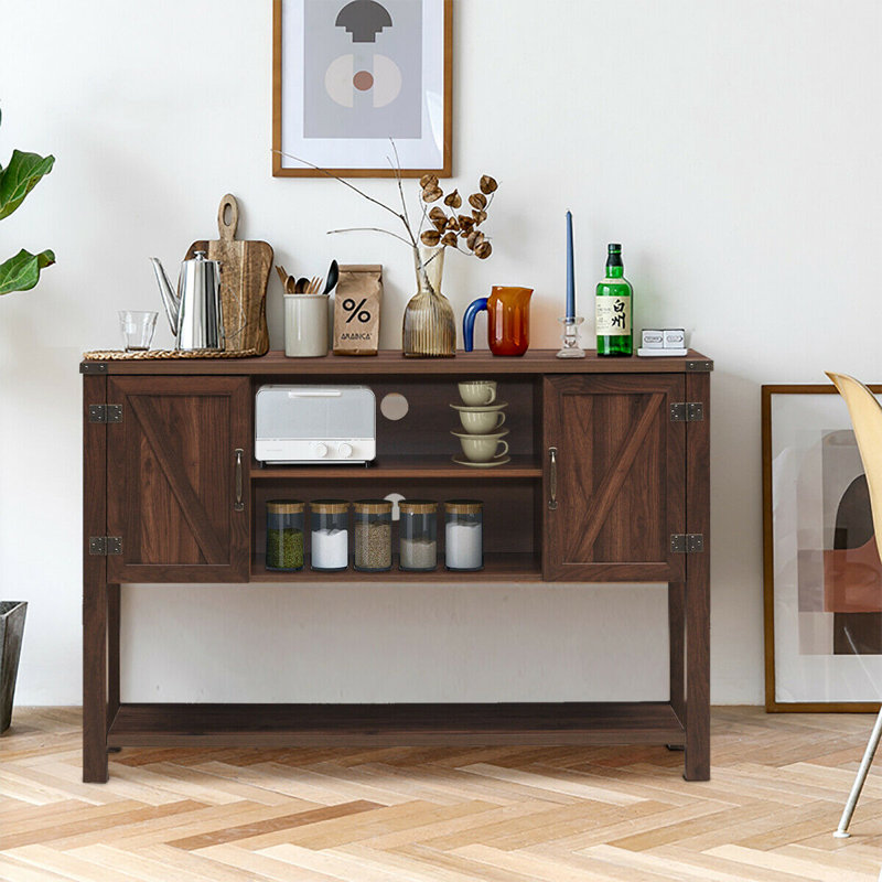 Brown Fir Wood Console Table with Cabinets and Shelves