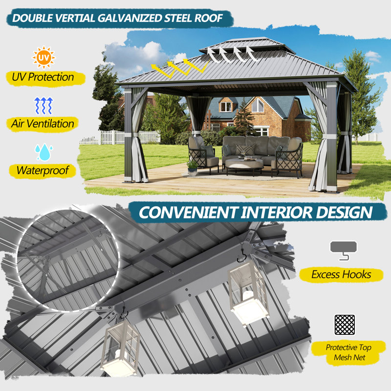 12FT ×14FT Outdoor Aluminum Patio Gazebo, Galvanized Steel Hardtop Gazebo with Privacy Curtain and Mosquito Netting