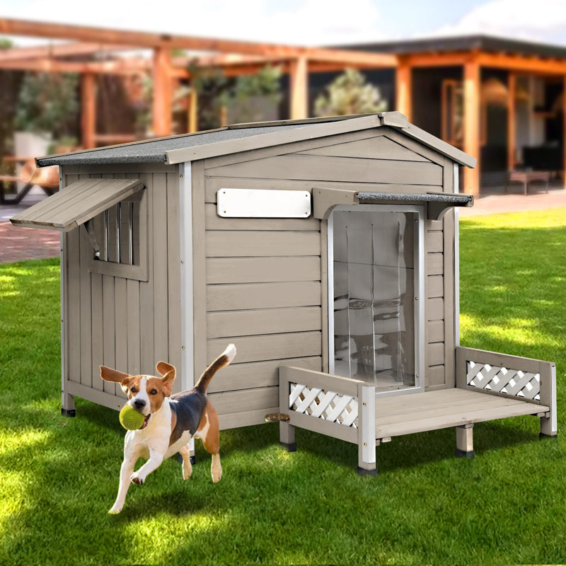Haiya Wooden Dog House with Porch, Asphalt Roof, 38.8"H x 40.6"W x 34.8"D, Gray