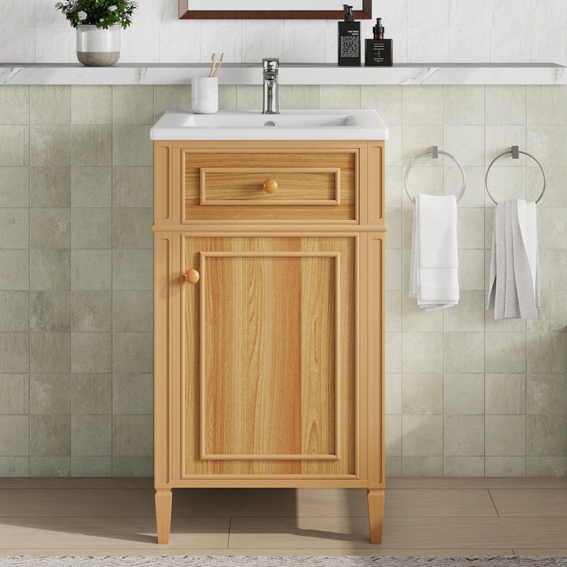 Meuble-lavabo de 20 po avec lavabo, pieds en bois massif, tablette réglable, tiroir inclinable, boutons en alliage de zinc