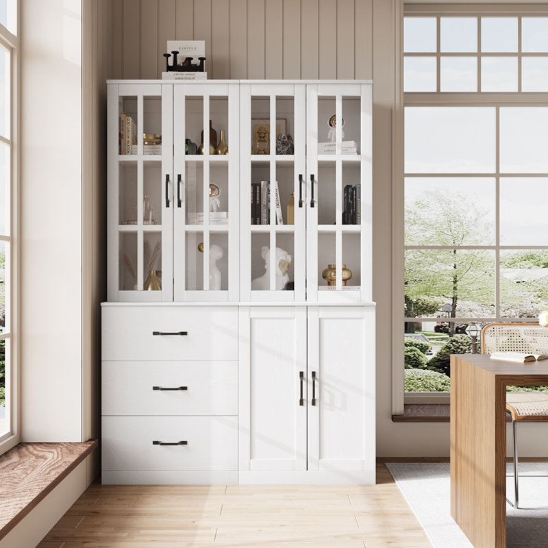  71" H X 47.2" W Bookcase Cabinet With Glass Doors And Large Storage Drawers(C+D), White, (2 Shelves) 71” x 47.2” x 15.70”