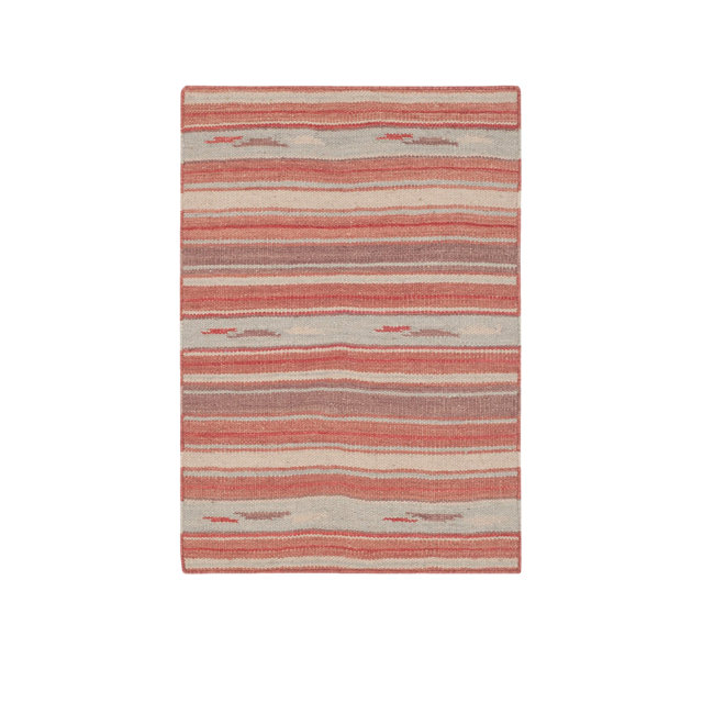 Rectangle area rug featuring a horizontal striped pattern in shades of red, tan, and soft gray with subtle textured details.