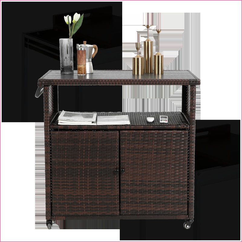 Outdoor Wicker Bar Cart Light Brown with Wheels &amp; Tempered Glass Top | Steel | Garden &amp; Outdoor