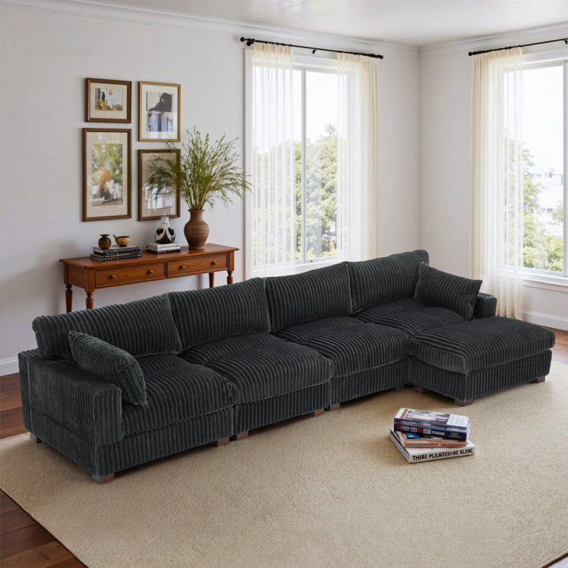 5 - Piece Upholstered Gray Faux Rabbit Fur Flannel Reversible Modular Sofa Living Room Sectional Couch with Ottoman