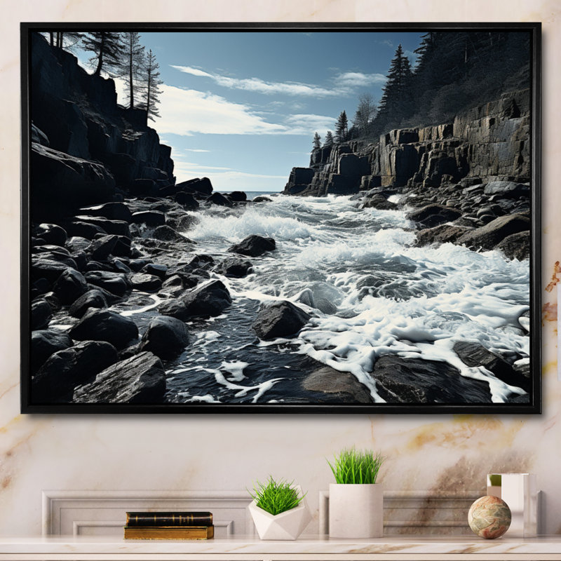 Berkay Canada, rivage rocheux sur toile, Cadre flottant noir, H 12 po x l 20 po x P 1 po