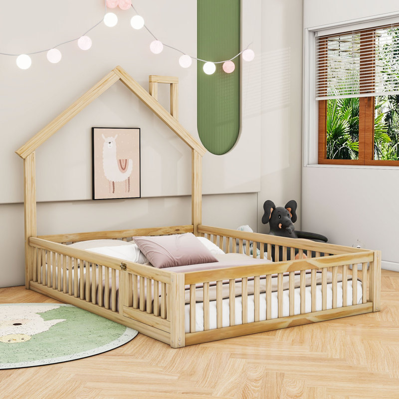 Full Wood House Bed Frame with Guardrails, Natural