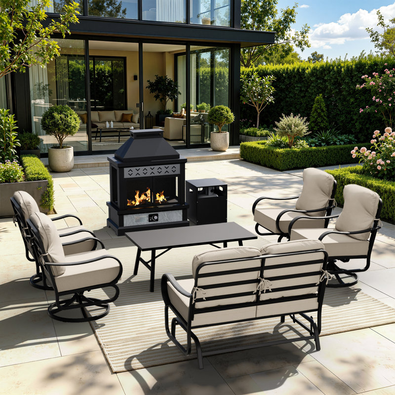 Ensemble de meubles de patio 6 places avec coussins beiges, table basse et foyer d'extérieur au propane, Beige