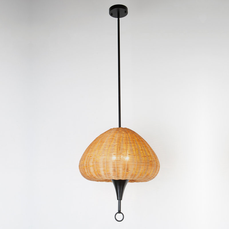 16" Organic Modern Rattan Pendant Light, 3-Light Woven Dome Chandelier with Matte Black Finish, Adjustable Height