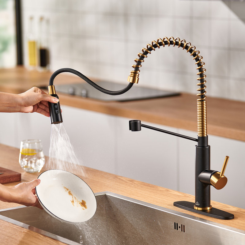 Bolden CASAINC 1.8 GPM Spring Neck Pull Down Kitchen Faucet with Deck Plate, Matte Black/Brushed Gold