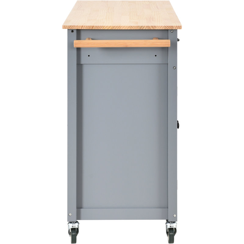 Îlot de cuisine gris-bleu avec bureau en bois massif, armoire de rangement à 4 portes, 2 tiroirs, porte-épices et porte-serviettes, dessus de chariot verrouillable et verrouillable