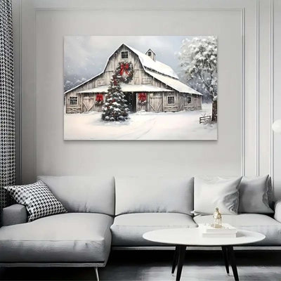 28*40，1pc Rustic Red Barn Christmas Canvas Art - Framed Winter Scene with Snowy Trees & Winding Road.