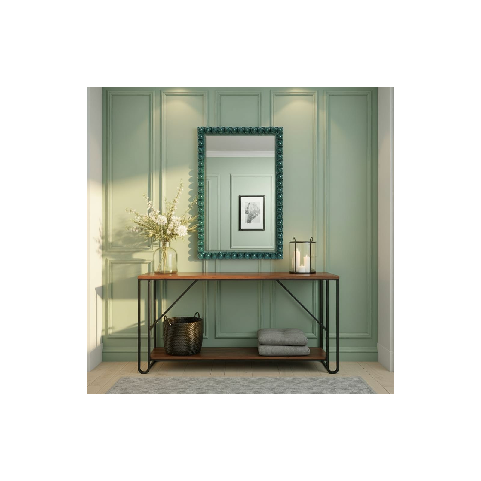 Varsha Rectangle  Glossy Nickle Mirror, Green