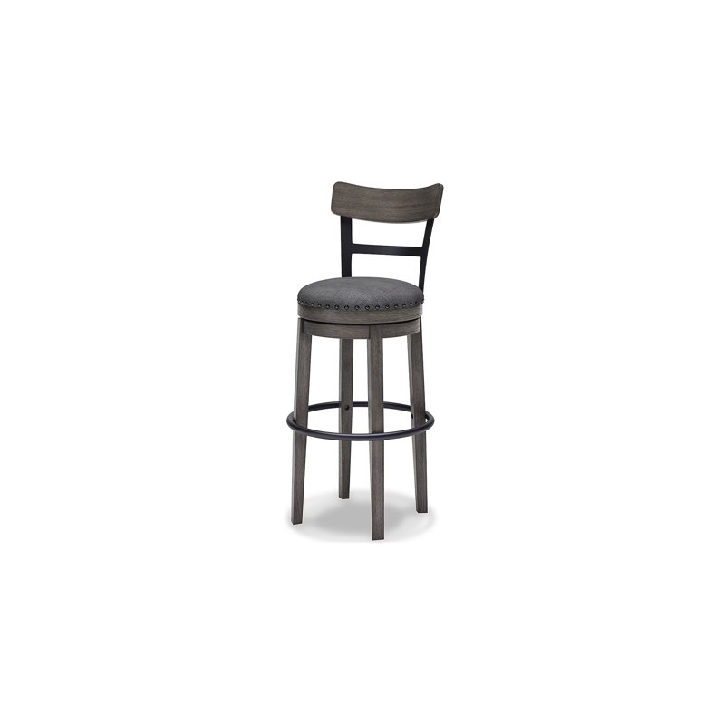 Elegant Gray Swivel Barstool with Curved Back and Nailhead Trim