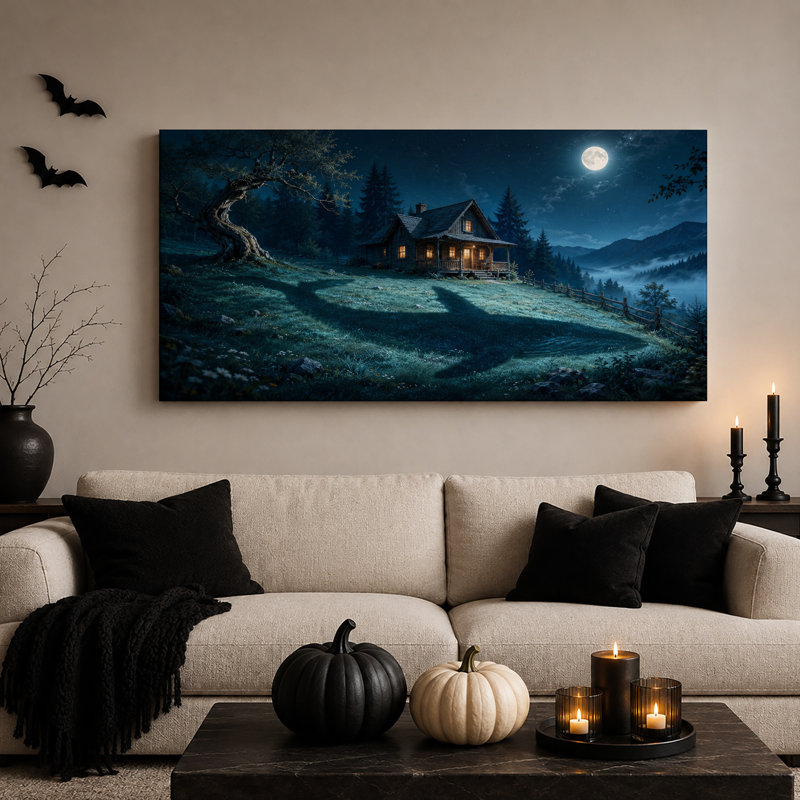 Cabane en rondins au clair de lune avec ombre de queue de baleine sur toile murale d'Halloween, L 40 po x H 20 po