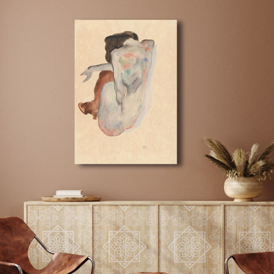 Crouching Nude In Shoes And Black Stockings by Egon Schiel - Wrapped Canvas Painting