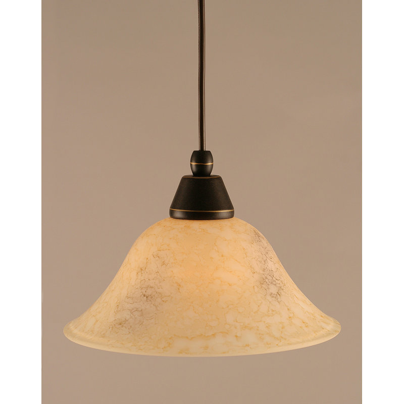 Cord Hung Mini Pendant Shown In Black Copper Finish With 10" Amber Crystal Glass, Dark Granite, 10" W, Italian Marble Glass
