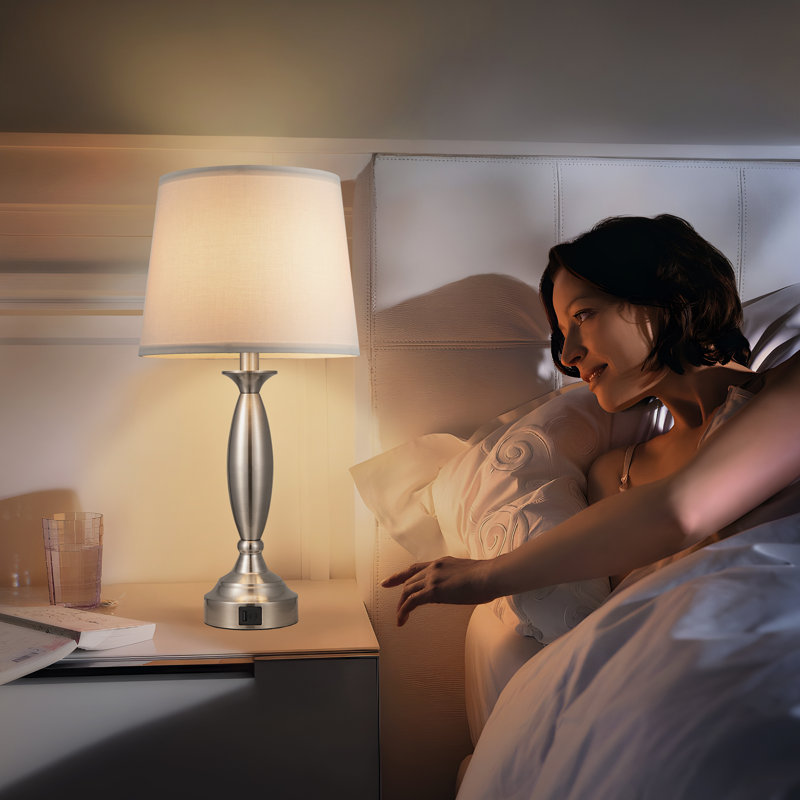 23'' Modern Sliver Metal Table Lamp Set with Touch Control and USB A&C