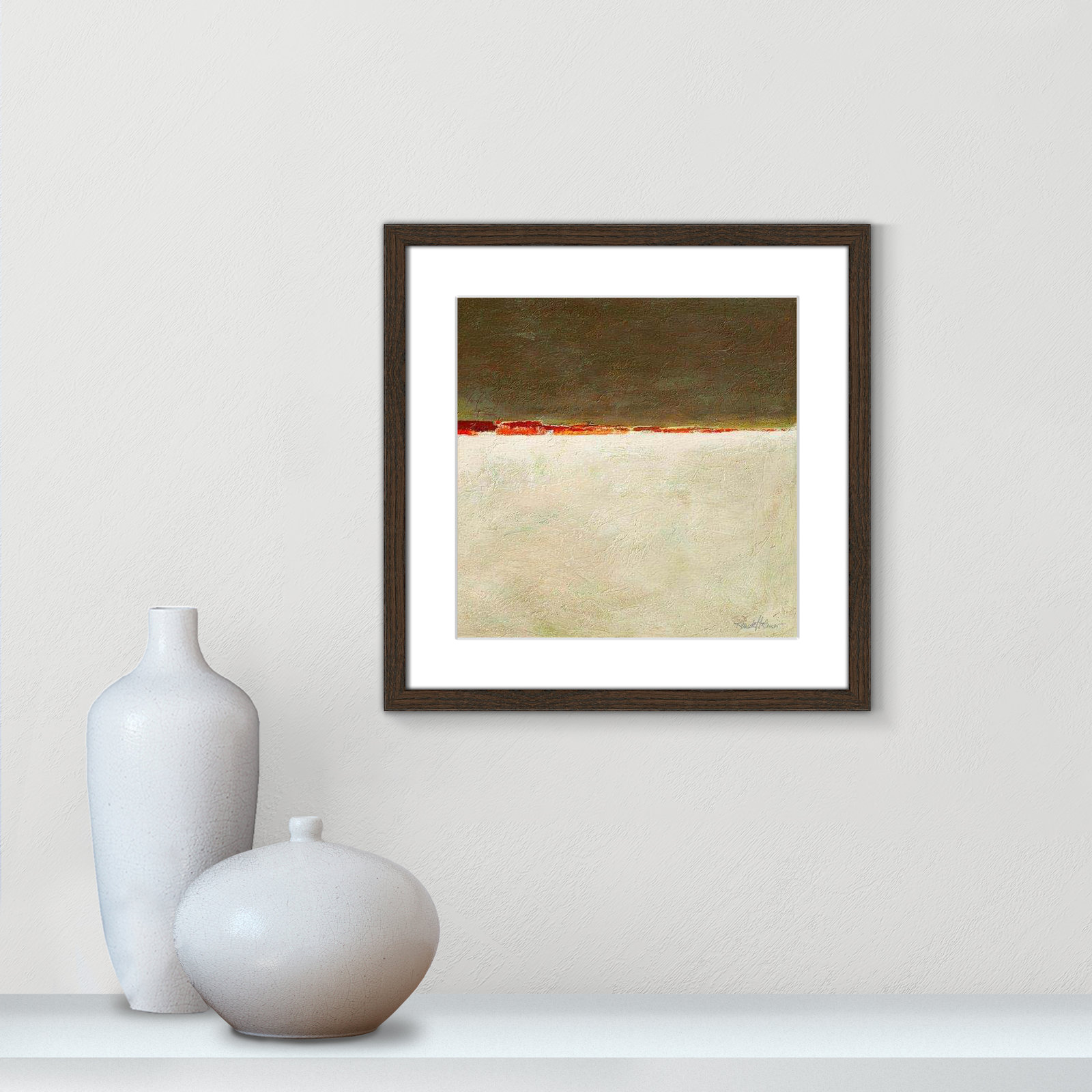 Orange Horizon I by Renate Holzner - Print, 17" H x 17" W x 0.75" D, Walnut Framed