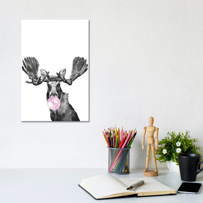 Bubble Gum Moose Black And White - Wrapped Canvas Print