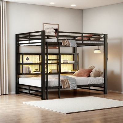 Metal Queen Over Queen Bunk Bed With Storage Cabinets And LED, Black