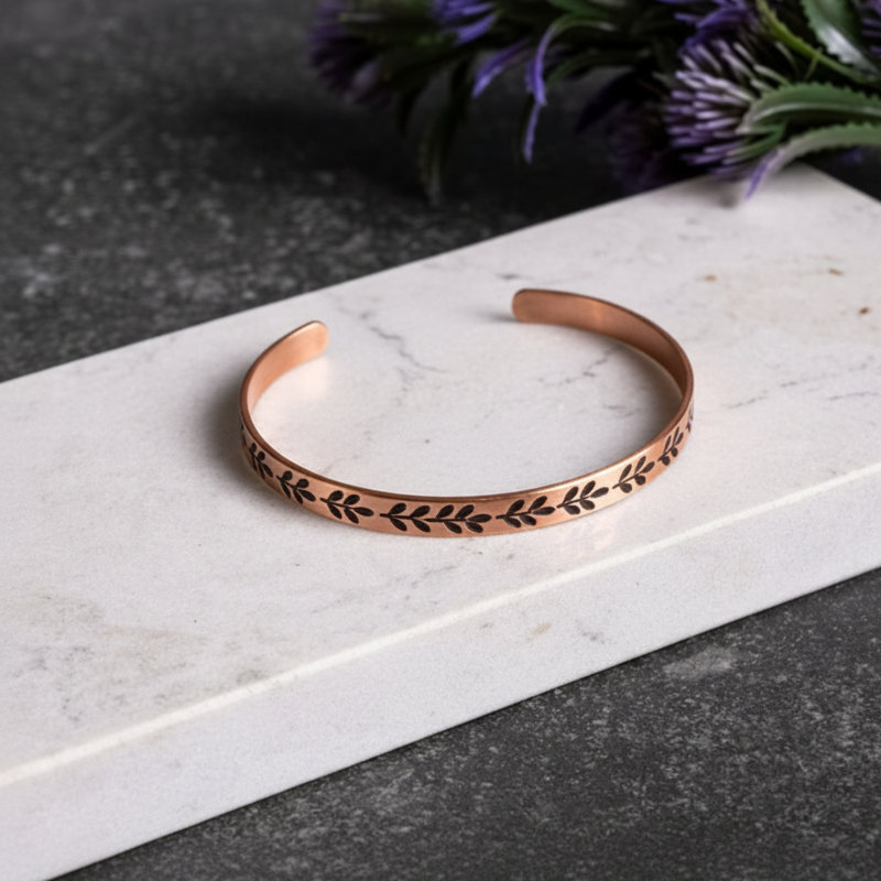 Engraved Leaf Pattern Solid Copper Cuff Bracelet