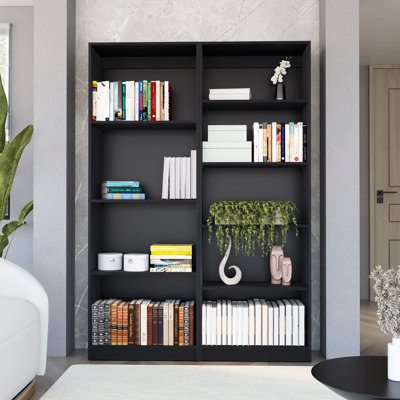 Black 2 Living Room Bookcase Gathering - 7 Shelves, Geometric Display, Horizontal Orientation, Strong Wood, For Main Area 2 , Demonstration, Direction, Primary