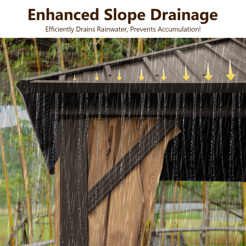 Galvanized Steel Patio Gazebo with Overhang Slope-design Double Roof, 16 ft x 12 ft, Brown